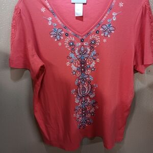 Alfred Dunner Coral Short-Sleeve V-Neck Top with Embroidered Front